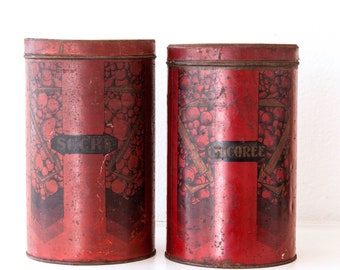 1950s French Large Kitchen Tin Cans - Sugar and Chicory - Burgundy and Black - Industrial and Rustic Decor