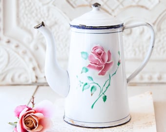1930s French Enamel Coffee Pot - Japy - Sweetheart Roses - French Shabby Kitchen