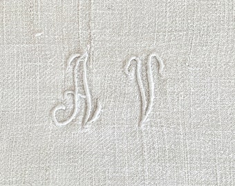 Vintage Monogrammed Small Tablecloth or Table Runner, AV A V Embroidered Monogram, Rustic Linen with Monogram, French Embroidered Linen