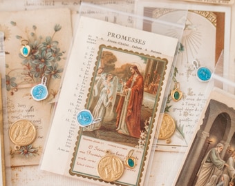 Vintage French Lourdes, Virgin Marie, Saint Christopher Pendants - French Devotional Necklace Pendants & Vintage French Praying Card