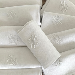 12 Vintage Monogrammed Napkins - White French Linen - M C  Monogram -  Vintage  White Napkins -  Kitchen Towels - Vintage Embroidered Linen