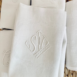 6 Vintage Mismatched Monogrammed Napkins White French Linen Monogram Vintage French Rustic Napkins  Kitchen Towels Vintage Embroidered Linen