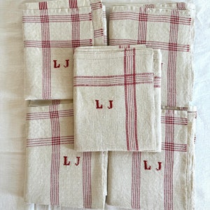 2 French Tea Towels, Red Stripes, French Farmhouse Kitchen Linen, L J Monogram, French Torchon, Never Used, Farmhouse Gift, Sold as a bundle