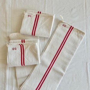 3 French Tea Towels, White Towel Red Stripes, Farmhouse Kitchen Linen, GG Monogram, Torchons, French Farmhouse Kitchen, Set of 3 Towels