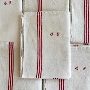 2 French Tea Towels, Red Stripes, Large Farmhouse Kitchen Linen, G B Monogram, French Torchon- Never Used - Farmhouse Gift, Sold as Bundle