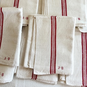 2 French Tea Towels, Red Stripes, Large Farmhouse Kitchen Linen, J B Monogram, French Torchon, New Old Stock, Never Used, Farmhouse Gift