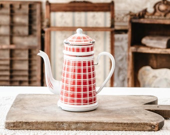 1920s French Enamel Coffee Pot - Art Deco - Red Checkered Pattern - Medium Size - BB Frères 18193