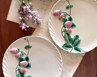 3 French Vintage Majolica Barbotine Plates - Cottagecore Kitchen