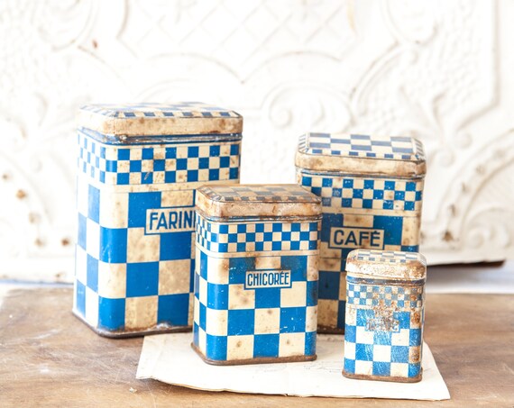1930s French Set of 4 Tin Nesting Canisters - Lustucru Checkered Pattern - Cream and Blue