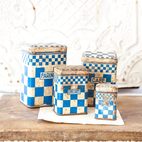 1930s French Set of 4 Tin Nesting Canisters - Lustucru Checkered Pattern - Cream and Blue