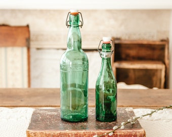 2 Vintage French Green Bottles -  Bistro Soda Lemonade Green Glass Bottles
