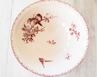 Early 1900s French Ironstone Salad Bowl - Sarreguemines Favori - Red / Pink Transferware