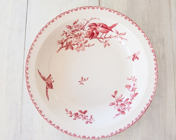 Early 1900s French Ironstone Round Serving Dish - Sarreguemines Favori - Red / Pink Transferware