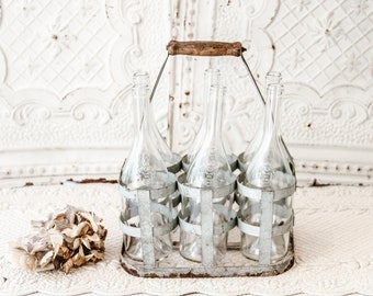 Vintage French 6 Bottles Metal Carrier - Country or Industrial Decor