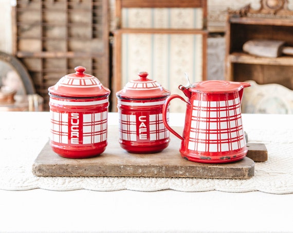 Vintage Canisters and Milk Warmer Set - Art Deco 1920s - Cheerful Red and White Checkered Pattern