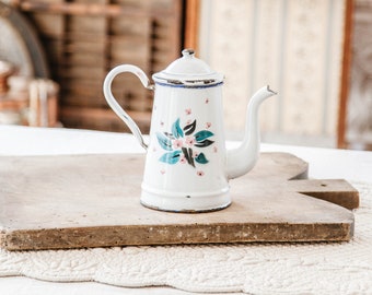 1930s French Enamel Small Coffee Pot - Pretty Roses - French Shabby Kitchen