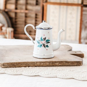 1930s French Enamel Small Coffee Pot - Pretty Roses - French Shabby Kitchen