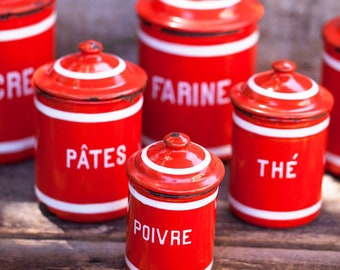 Complete Serie of French Vintage Enamel Nesting Canisters Set - 1930s - Striking Red