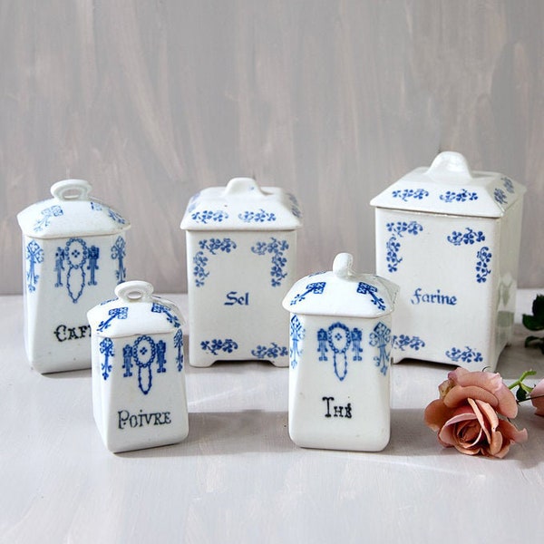 5 Vintage French Kitchen Ceramic Nesting Canisters - 1920s Saint Uze