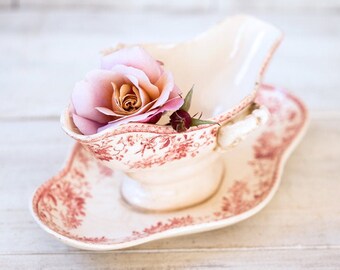 Late 1800s French Ironstone Sauce Boat - Pink Transferware - Gien Bouquet de Roses