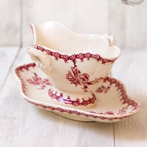 Early 1900s French Ironstone Sauce Boat - Gien Chardons - Red / Pink Transferware