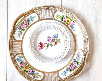 1940s Porcelain Platter with Small Round Bowl - Shabby Chic Gold and Flowers - Japan and Germany
