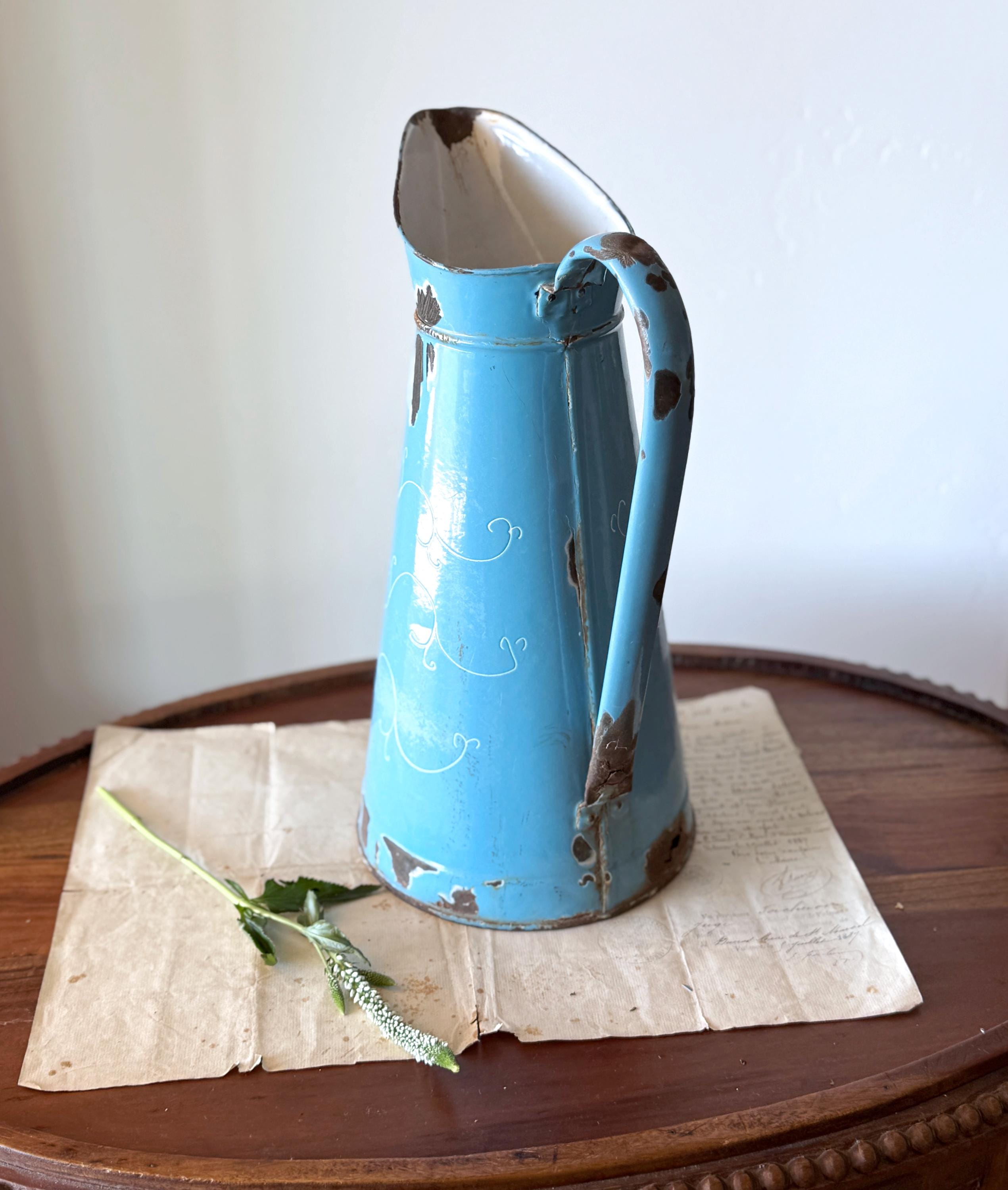 1940s Enamel French Water Pitcher Cottagecore Garden Blue