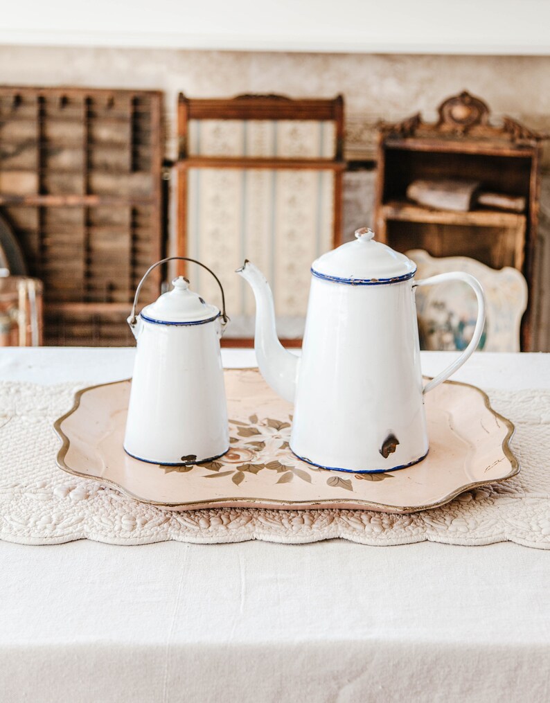 1940s French Enamel Coffee Pot and Mil Jar Shabby Chic White image 4