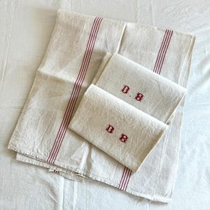 3 French Tea Towels, Red Stripes, Farmhouse Kitchen Linen, O B Monogram, French Torchon, New Old Stock, Never Used, Farmhouse Gift, Set of 3