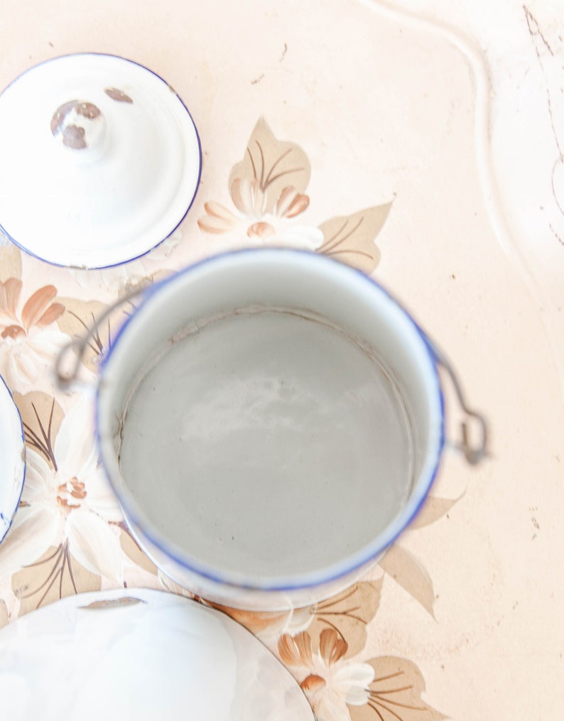 1940s French Enamel Coffee Pot and Mil Jar Shabby Chic White image 8