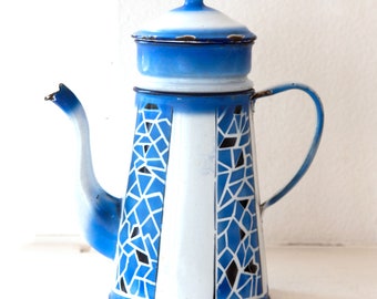 1930s French enamel Coffee Pot - White and Blue Art Deco Style