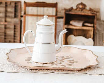 1940s French Enamel Coffee Pot - White and Gold - Shabby Chic Kitchen