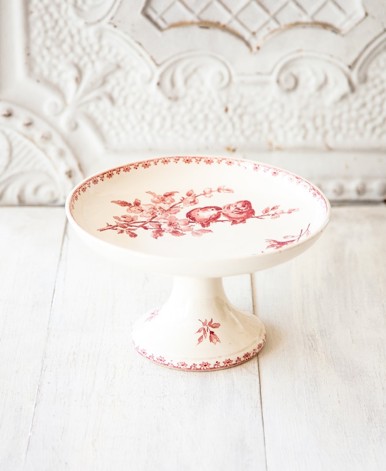 Sarreguemines Favori Red Pink Transferware Early 1900s French Ironstone Cake Stand