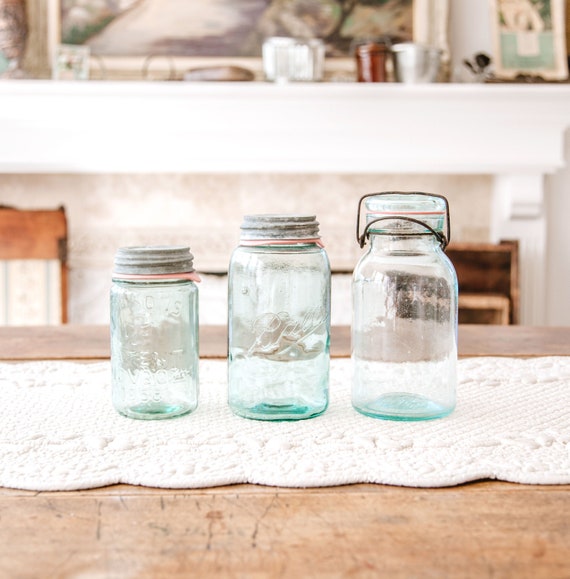 3 Vintage Aquamarine Mason Jars - Antique Aqua Flower Vases - Country Wedding Decor