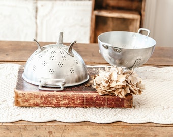 2 Vintage French Vintage Aluminum Colanders - French Country Kitchen