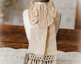 Early 1900s French Silk Bow or Communion Sash with Embroidered and Fringes - French Shabby Chic Decor and Wedding