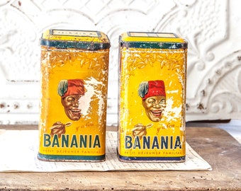 2 Vintage French Breakfast Powder Tins - Banania - 2 Vintage French Yellow Tins