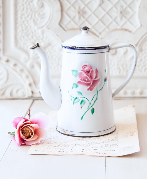 1930s French Japy Enamel Coffee Pot  with a Sweetheart Roses Design