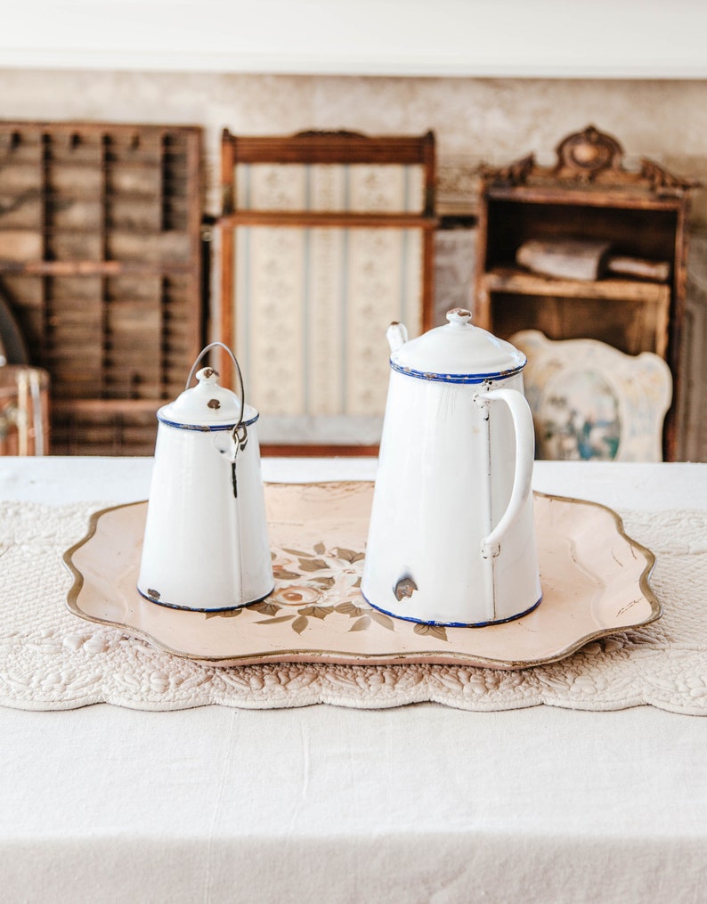 1940s French Enamel Coffee Pot and Mil Jar Shabby Chic White image 5