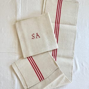 2 French Tea Towels, Red Stripes, Farmhouse Kitchen Linen, French Torchon, SA Monogram, New Old Stock - Never Used, Farmhouse Gift, Set of 2