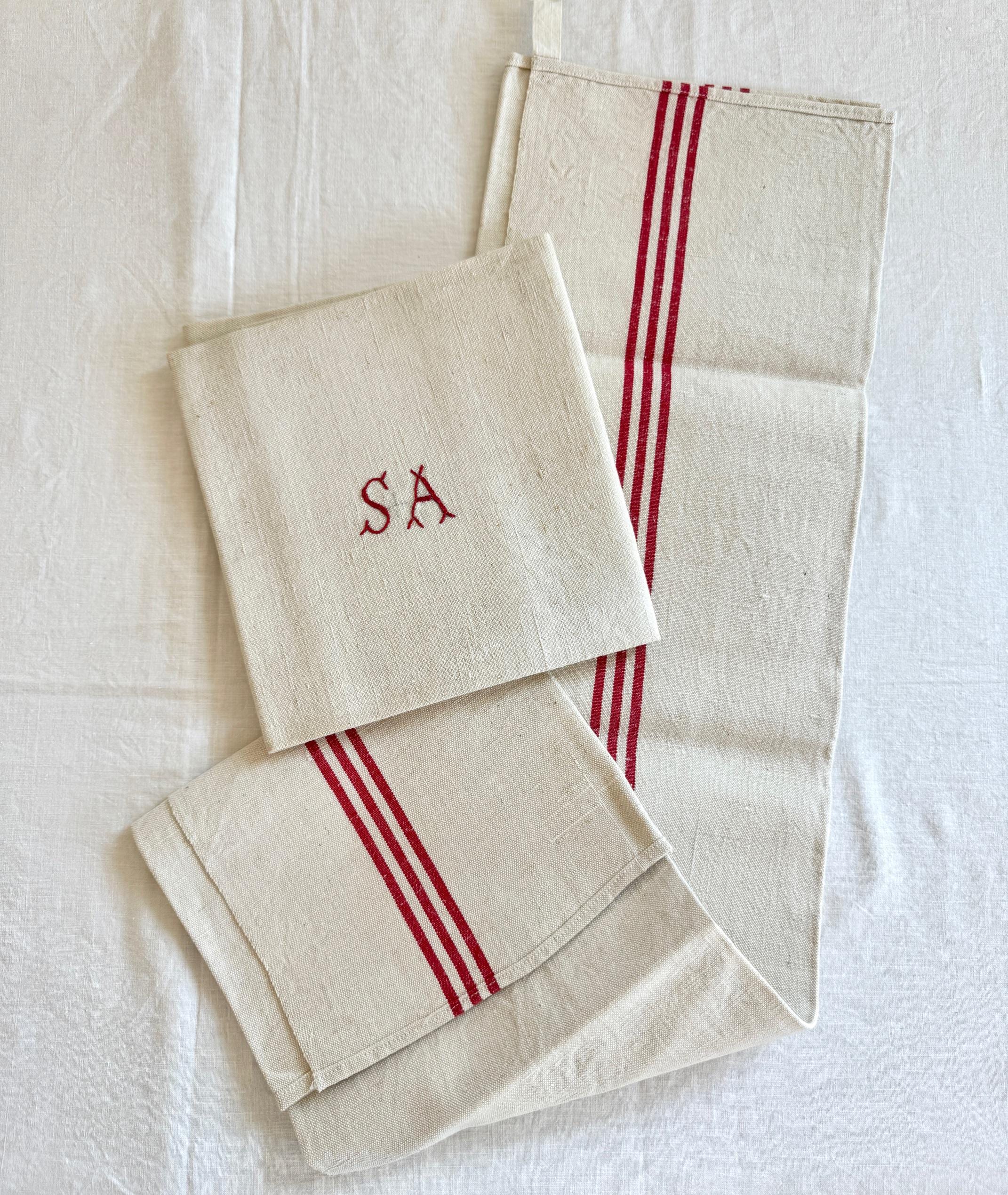 French Tea Towels, Red Stripes, Farmhouse Kitchen Linen, French