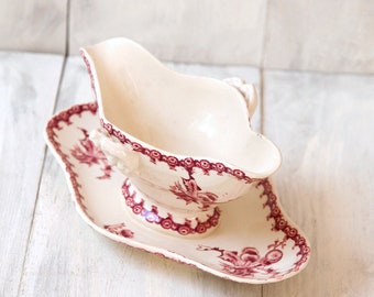 Early 1900s French Ironstone Sauce Boat - Gien Chardons - Red / Pink Transferware
