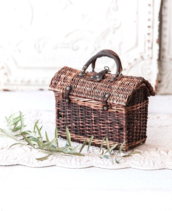 Early 1900s French Wicker and Leather Handwoven Ha