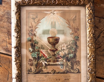 1880s First Holy Communion and Confirmation Certificate - Printed in France - Shabby Chic Decor