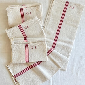 2 French Tea Towels, White Towel Red Stripes, Farmhouse Kitchen Linen, C J Monogram, Torchons, French Farmhouse Kitchen, Set of 2 Towels