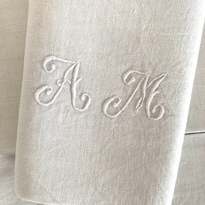 5 Vintage Monogrammed Rustic XL Napkins or Hand towels - Ivory French Linen - A M Monogram - Vintage Napkins  - Vintage Embroidered Linen