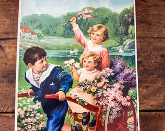 SALE - 1920s Color Print - Lithography - Pretty Color - Spring Scene - Children playing Flowers and Wagon- 16" x 12"