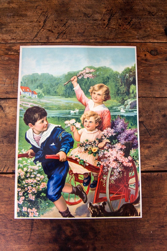 SALE - 1920s Color Print - Lithography - Pretty Color - Spring Scene - Children playing Flowers and Wagon- 16" x 12"