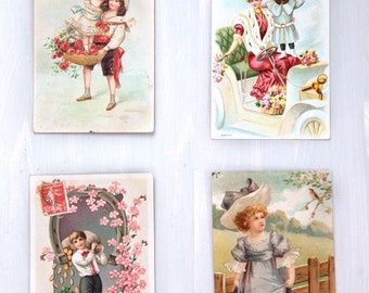 4 Vintage French Postcards  - New Year -  Edwardian Style