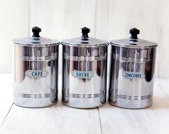 1950s French Chromed Copper Canisters with Bakelite Tops - Coffee Sugar Chicory - Midcentury Kitchen